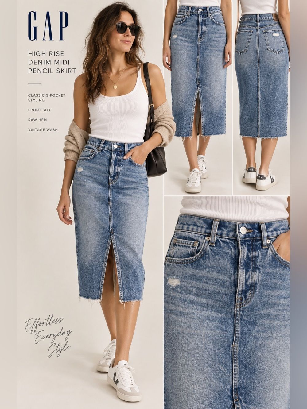 Gap High Rise Denim Midi Pencil Skirt Frayed Hem Front Slit Blue Size 27 / 4